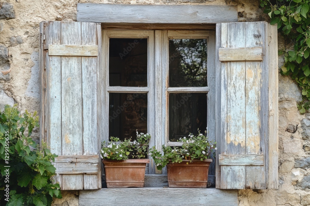 Rustic window with wooden shutters and flower boxes on a stone building, capturing a timeless charm with natural elements. Rustic window with wooden shutters and flower boxes on a stone building, capturing a timeless charm with natural elements.