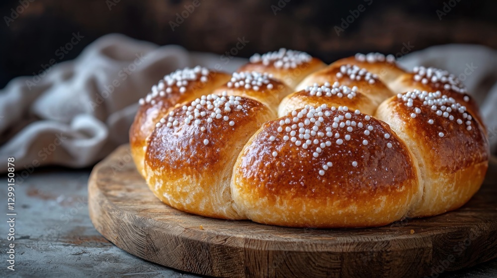 Freshly Baked Brioche Bread with Sugar Pearls on Wooden Board Freshly Baked Brioche Bread with Sugar Pearls on Wooden Board