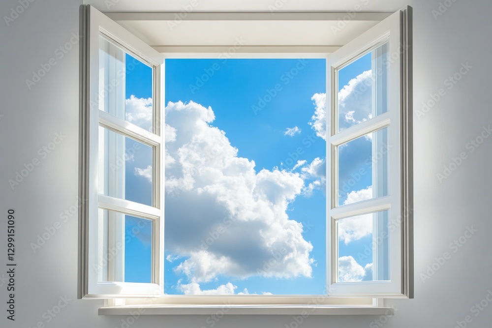 Open window view with bright blue sky and fluffy white clouds, creating a serene and inviting atmosphere. Fresh air and natural light. Open window view with bright blue sky and fluffy white clouds, creating a serene and inviting atmosphere. Fresh air and natural light.