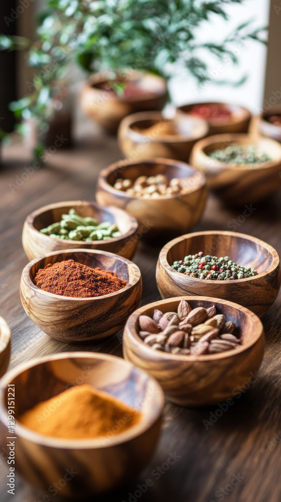 A rustic setting featuring various wooden bowls filled with Indian spices like cumin, turmeric, and coriander, set against a textured wooden backdrop, offering a rich, traditional atmosphere A rustic setting featuring various wooden bowls filled with Indian spices like cumin, turmeric, and coriander, set against a textured wooden backdrop, offering a rich, traditional atmosphere