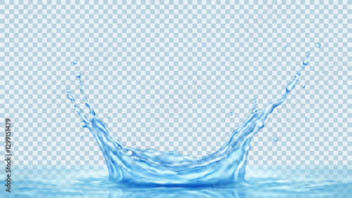 Realistic splash of clear water. Vector illustration with transparent splash of blue liquid or mineral water. Mockup for spring water or beverage advertisement isolated on checkered background.