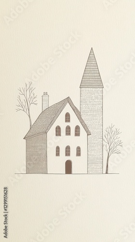 Sepia Drawing Of A Stone Church And House With Trees And Landscape Elements Showing Simplicity And Tranquility With Rural Vibes Through Minimalist Design Style And Elegant Aesthetics Using Vintage