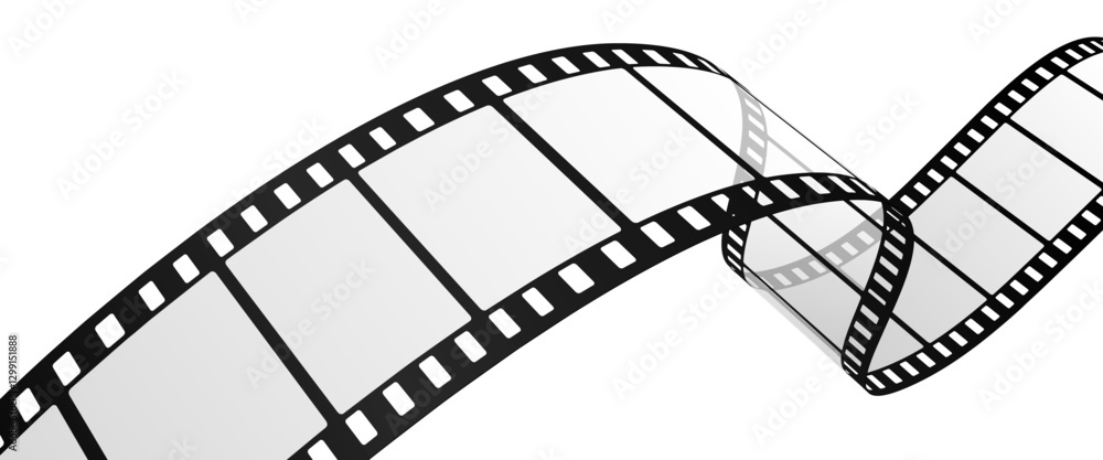 Fototapeta premium Realistic Wavy Film Strip Frame Isolated on White Background, Blank Curved Movie Reel Border for Video Editing, Retro Cinematic Design Element for Film Industry, Photography, and Multimedia