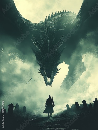 Epic Dragon Battle: Warrior Silhouette in Mysterious Mist