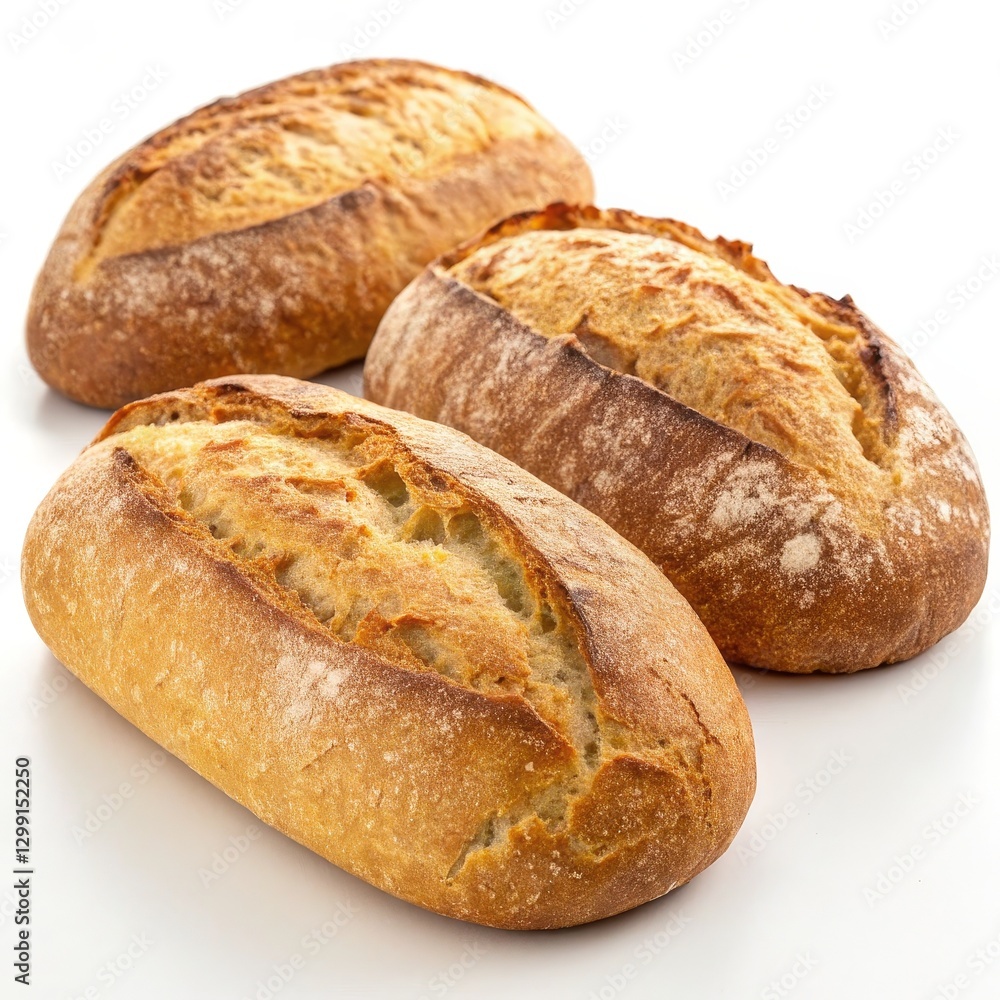 Three Golden Crusty Loaves Composition, White Background, Bakery, Bread, Food Photography, Golden Brown Crust Bakery, Food Photography Three Golden Crusty Loaves Composition, White Background, Bakery, Bread, Food Photography, Golden Brown Crust Bakery, Food Photography