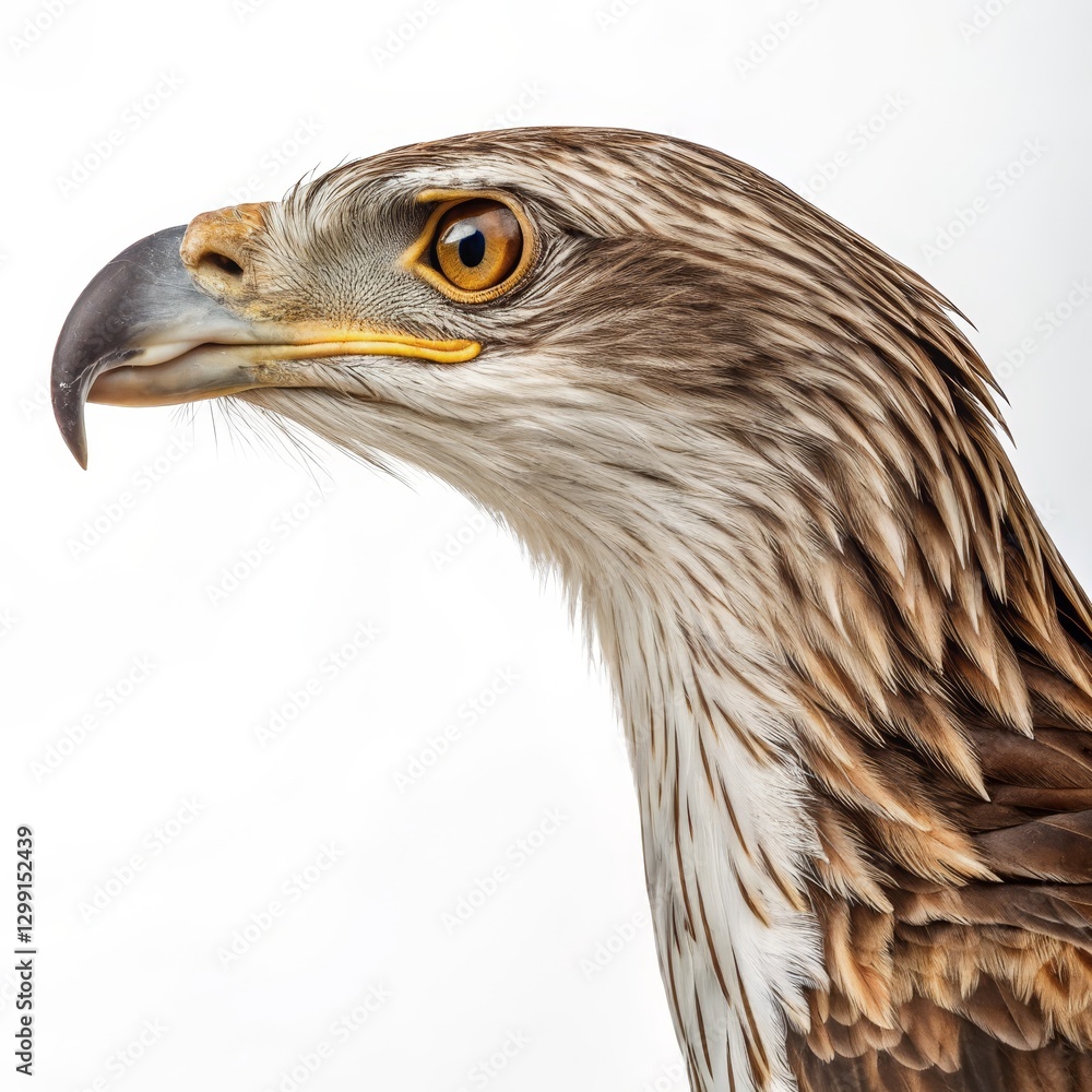 Obraz premium Profile Portrait of a Juvenile Martial Eagle Close-up, Detailed Feather Texture, Bird of Prey, White Background Martial Eagle, Bird Photography