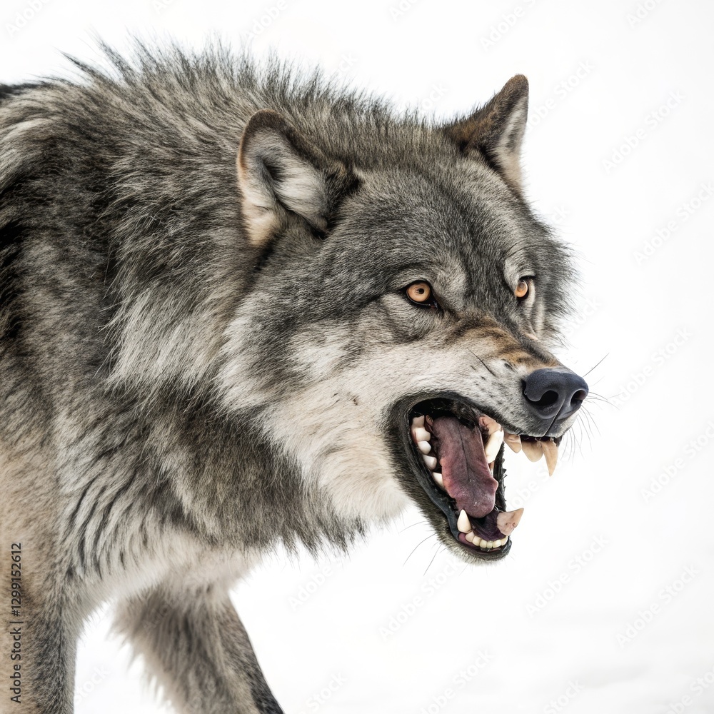 Fototapeta premium Grey Wolf Profile, Open Mouth, Aggressive, White Background, Close-up, Wildlife Photography, Canis Lupus
