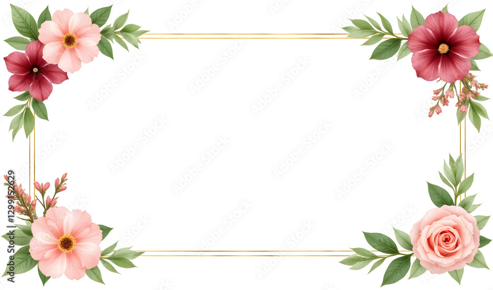 Fototapeta premium Floral border design with pink and red flowers on white background