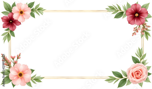Floral border design with pink and red flowers on white background