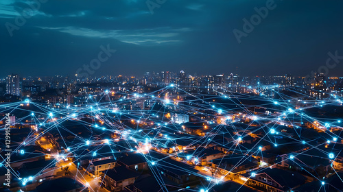 Wallpaper Mural Aerial View Of A Modern City At Night Illuminated With Blue Lights And Network Connections Torontodigital.ca