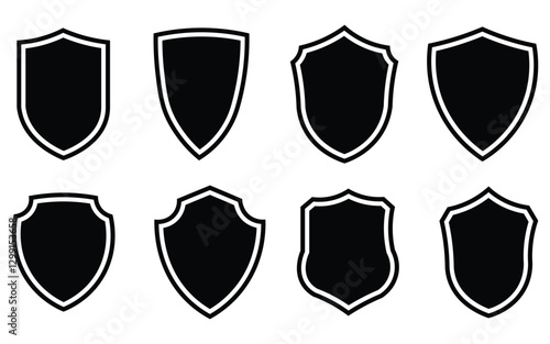 big collection of shield icon set on white background. protection, security, emblem, crest, heraldic, safety, medieval, secure icon on white background
