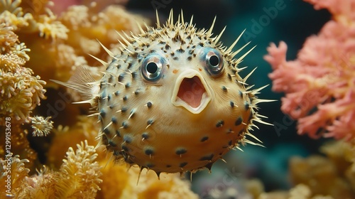 Quirky Pufferfish puffed up in self defense its tiny beady eyes wide with determination sharp spines protruding from its round bloated body