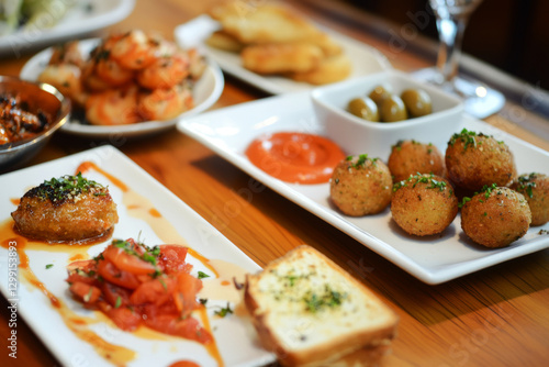 A vibrant selection of tapas on small plates, featuring savory olives, fried calamari, meatballs, Manchego cheese, and garlic shrimp, creating an inviting Spanish appetizer spread photo