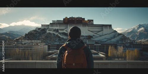 A traveler stands in awe, looking at a majestic mountain structure. The sunlight illuminates the scenery. This captures adventure and beauty in an inspiring landscape. AI photo