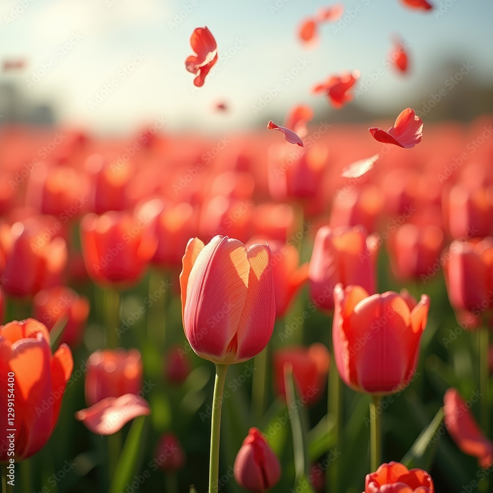 Fototapeta premium Lively tulip field featuring vibrant red blooms and gently falling petals under bright sunlight