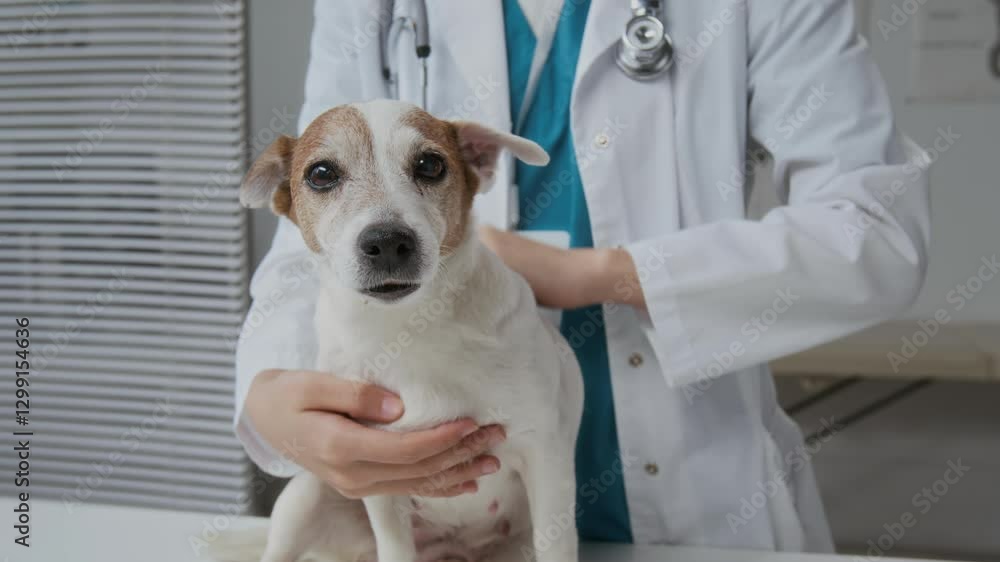 Cute jack russel dog looking at camera while sitting on medical table in front of female veterinarian in lab coat cuddling sick pet before check-up or treatment Cute jack russel dog looking at camera while sitting on medical table in front of female veterinarian in lab coat cuddling sick pet before check-up or treatment