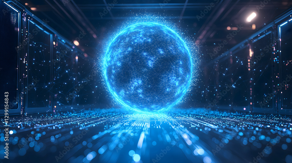 Obraz premium glowing blue sphere hovers in futuristic data center, surrounded by digital elements and illuminated by ambient lighting, symbolizing advanced technology and innovation