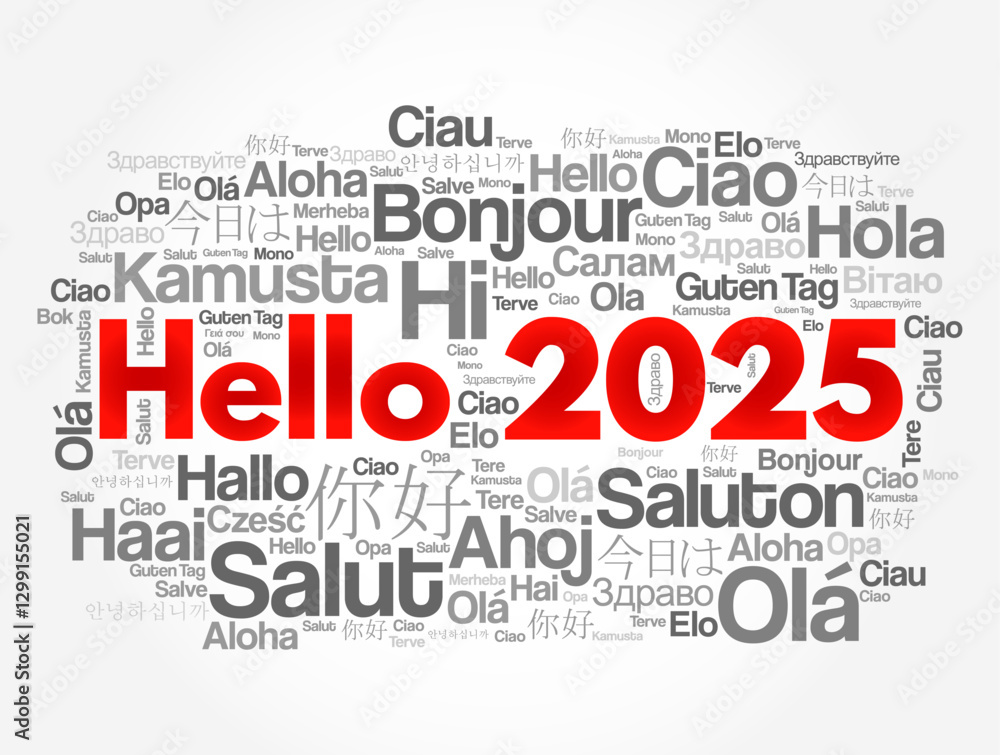 Hello 2025 word cloud in different languages of the world, concept background Hello 2025 word cloud in different languages of the world, concept background