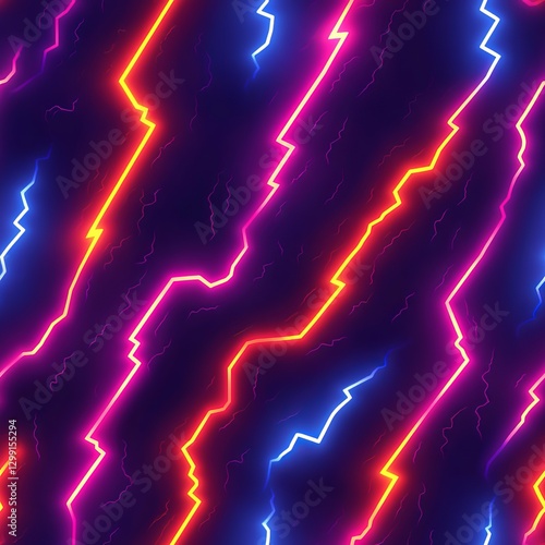 Wallpaper Mural Seamless Pattern - Neon lightning bolts in electric hues against a dark, textured backdrop. Torontodigital.ca