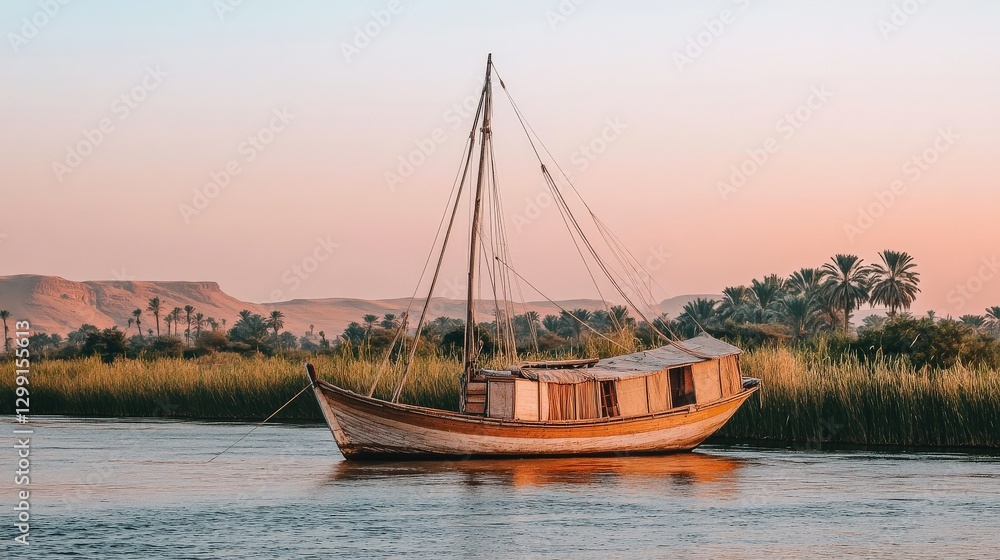 Fototapeta premium Small Wooden Fishing Boat Floating on Nile River at Sunrise