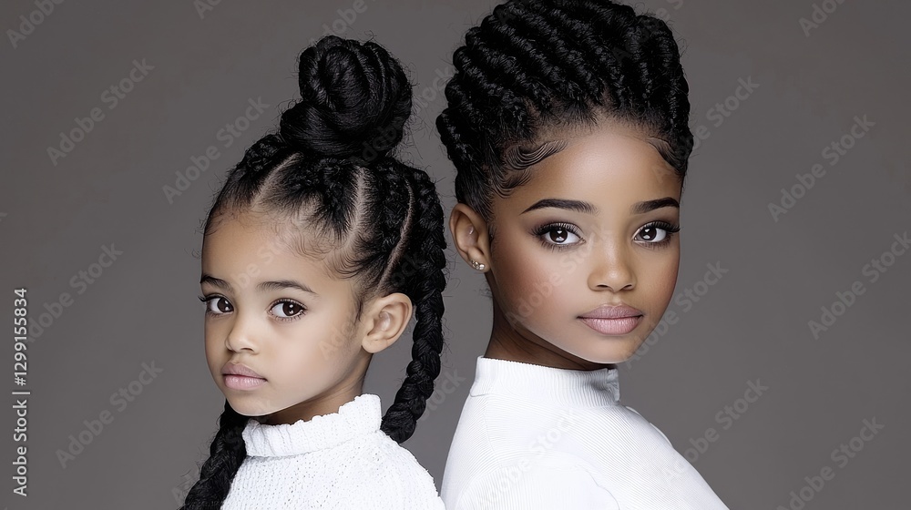 Two girls with braids, studio portrait, neutral background, family photoshoot Two girls with braids, studio portrait, neutral background, family photoshoot