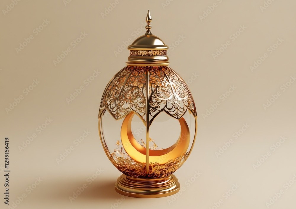 golden Ramadan lantern with a crescent moon for an Eid Mubarak banner template on a beige background. Illustration design. High-resolution photography golden Ramadan lantern with a crescent moon for an Eid Mubarak banner template on a beige background. Illustration design. High-resolution photography