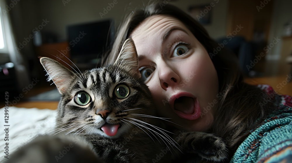 Silly selfie with tabby cat sticking its tongue out while a woman shows a shocked expression. Cuteness overload! Silly selfie with tabby cat sticking its tongue out while a woman shows a shocked expression. Cuteness overload!