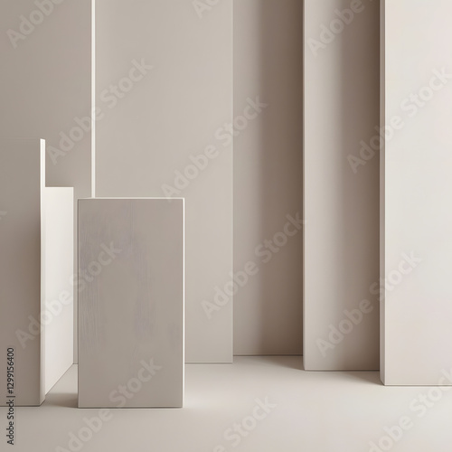 Soft light filters through a contemporary space featuring geometric structures in calming beige tones. The arrangement evokes a sense of tranquility and modern design