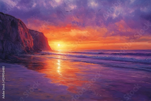 Vibrant sunset paints the sky with fiery oranges and purples over a tranquil ocean beach.