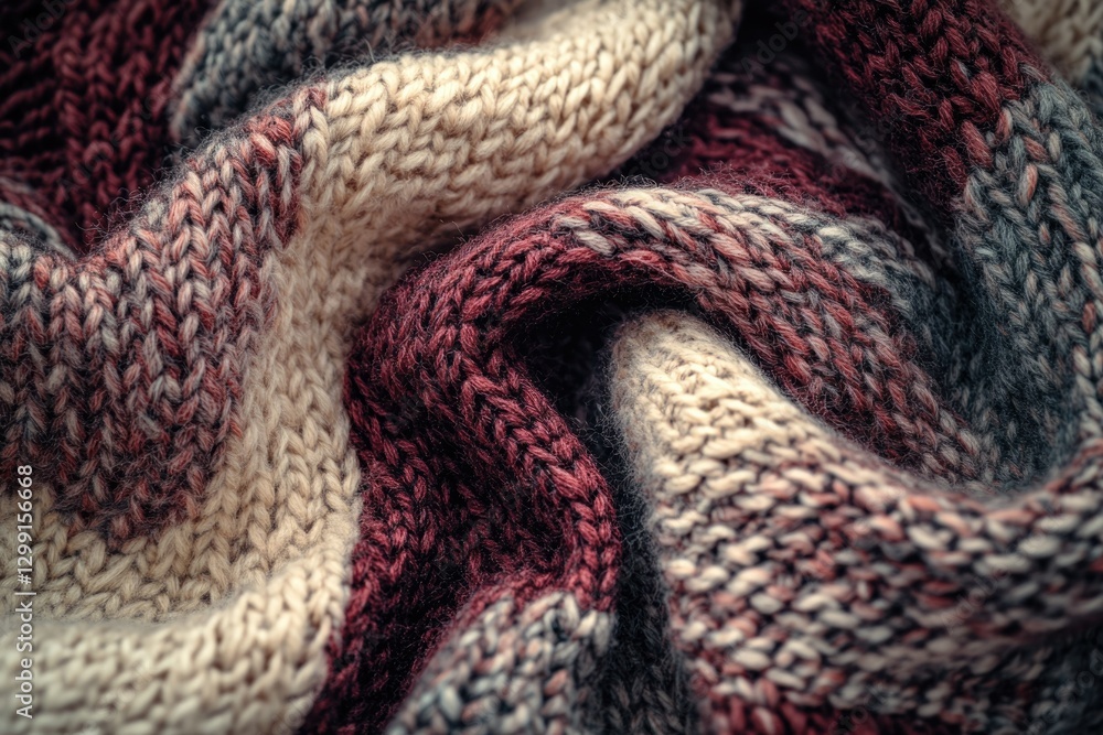 Close-up of a soft, multicolored knitted fabric with burgundy, beige, and grey stripes. Close-up of a soft, multicolored knitted fabric with burgundy, beige, and grey stripes.