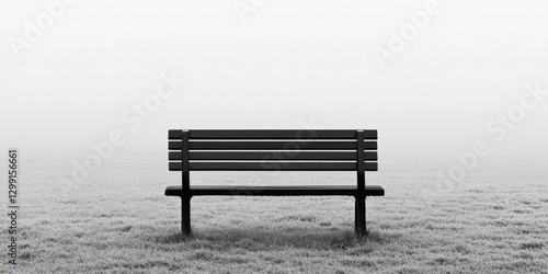  A solitary black bench stands in a foggy open field, minimalist and melancholic atmosphere. photo