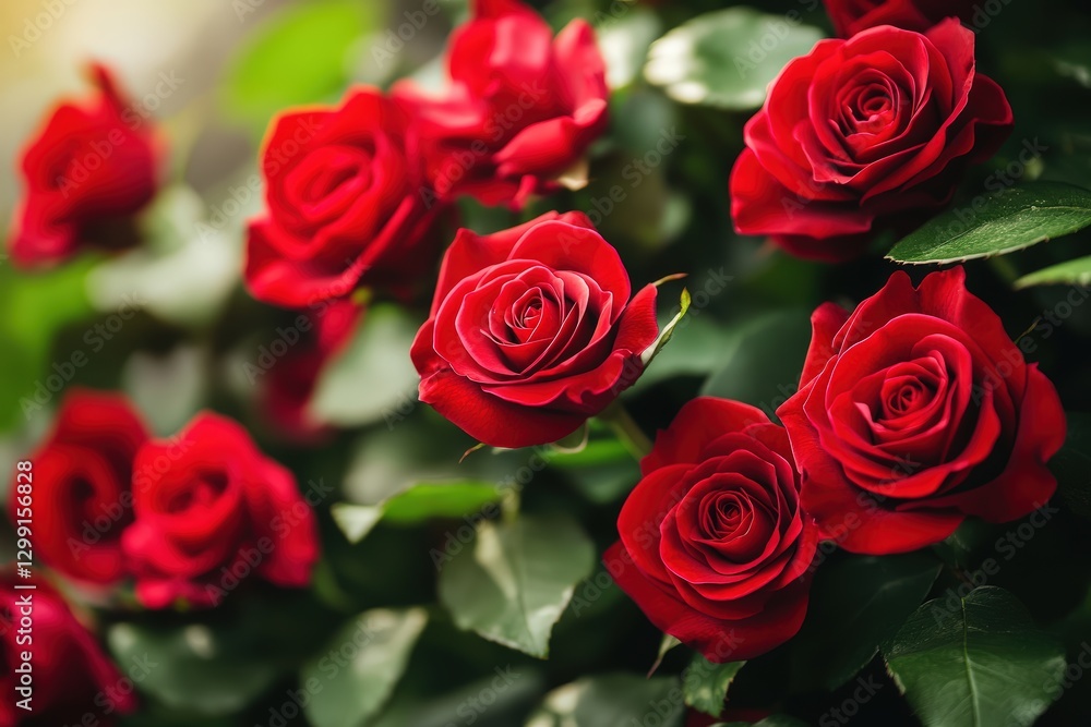 A vibrant bouquet of red roses with lush green leaves creates a romantic and elegant atmosphere. A vibrant bouquet of red roses with lush green leaves creates a romantic and elegant atmosphere.