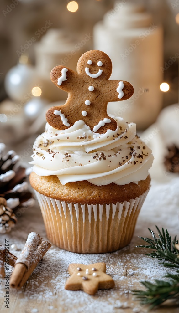 A delicious gingerbread man cupcake decorated with white frosting and sprinkles A delicious gingerbread man cupcake decorated with white frosting and sprinkles