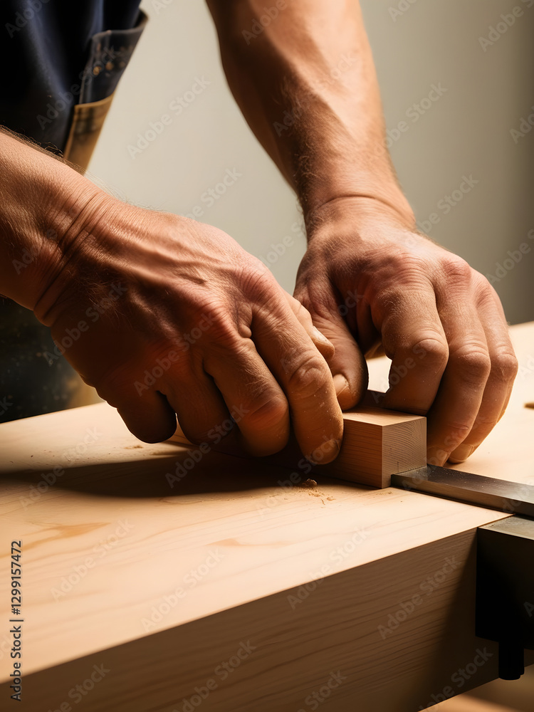 Obraz premium Skilled woodworker focuses intently on shaping a wooden block with precision in a well-lit workshop, showcasing craftsmanship and dedication to the craft