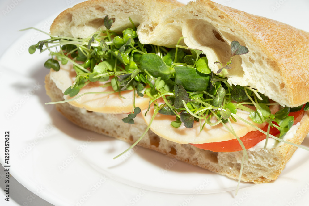 Obraz premium A macro shot of a fresh turkey and microgreens sandwich on crispy ciabatta, highlighting the natural textures of ingredients.