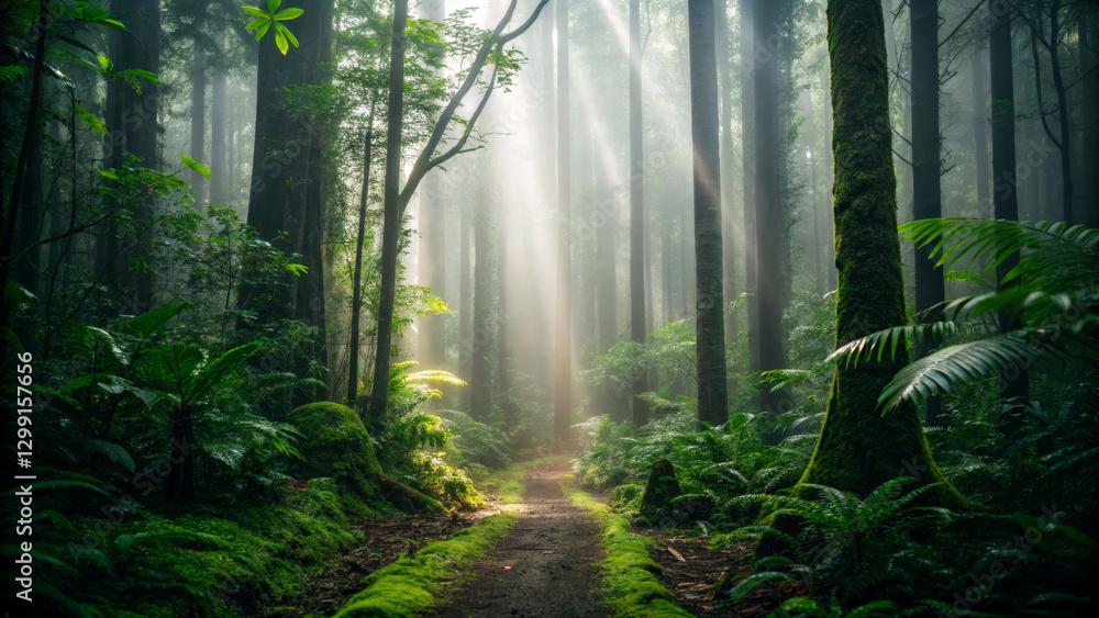 Fototapeta premium Morning light filtering through dense tropical jungle nature scene lush greenery serene environment captivating view