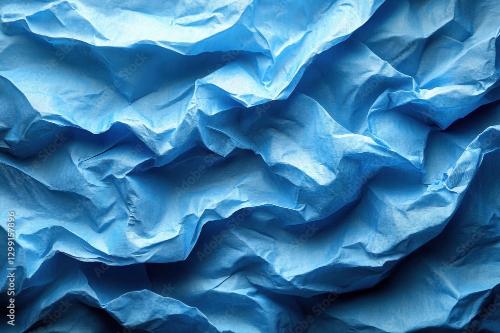 Crumpled blue paper texture with intricate folds and shadows, showcasing depth and dimension in a creative composition Crumpled blue paper texture with intricate folds and shadows, showcasing depth and dimension in a creative composition