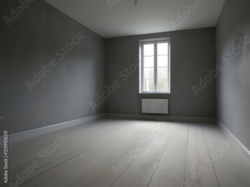 Inside a spacious, grey room devoid of furniture, a window provides a glimpse of daylight. The floor is bare, enhancing the minimalistic and serene atmosphere