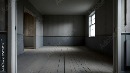 Soft light enters through the window of a vacant grey house, illuminating the minimalist space with wooden floors and simple walls, creating an atmosphere of tranquility and emptiness