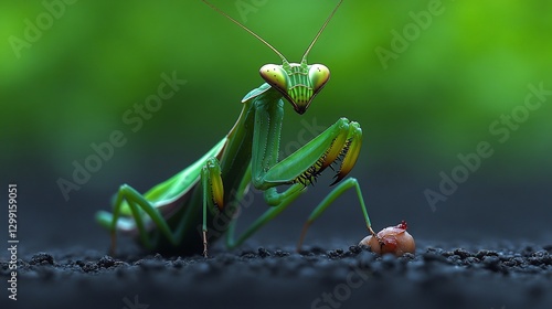 Predatory Praying Mantis standing tall its raptorial forelegs folded in an almost reverent pose triangular head tilting as it locks onto its prey