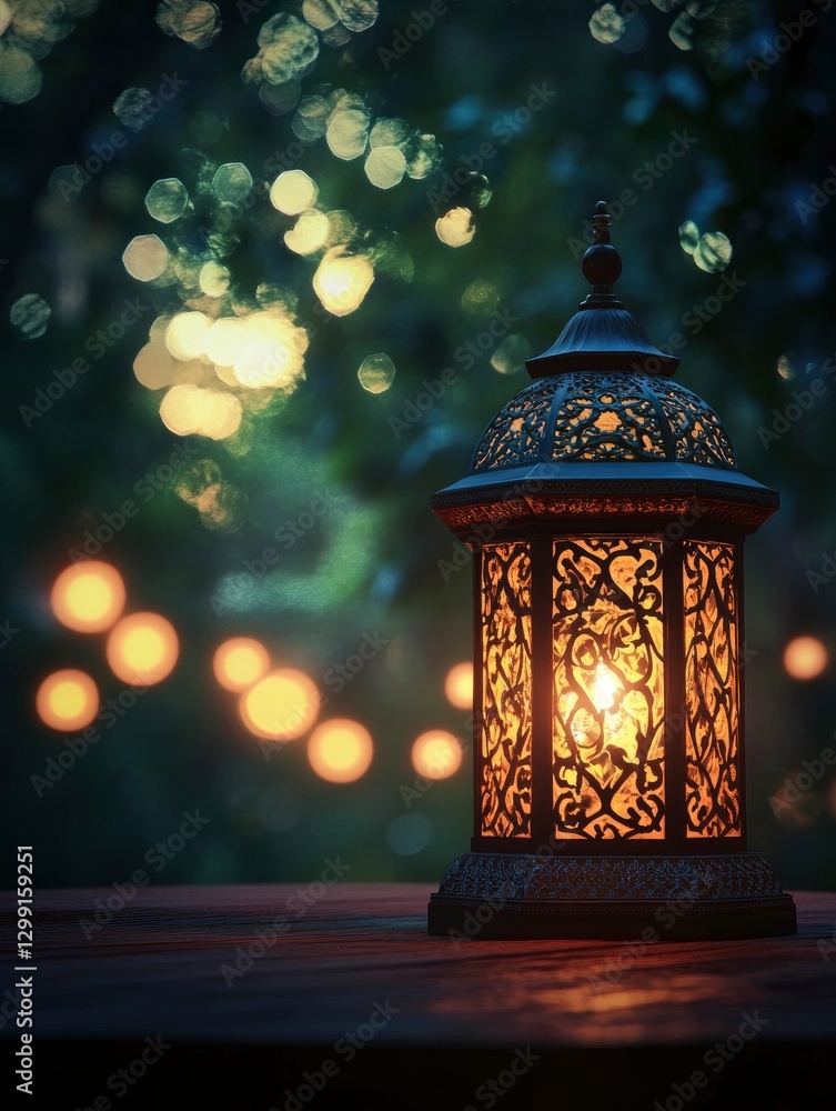 A beautiful lantern with Islamic patterns glowing in the dark, surrounded by soft bokeh lights. The background is blurred to create an ethereal atmosphere A beautiful lantern with Islamic patterns glowing in the dark, surrounded by soft bokeh lights. The background is blurred to create an ethereal atmosphere