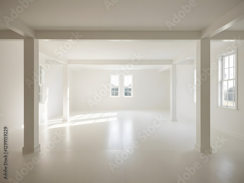 Sunlight fills the spacious, open area of a white house. The walls and floor are light-colored, creating a serene atmosphere. Windows allow natural light to brighten the surroundings