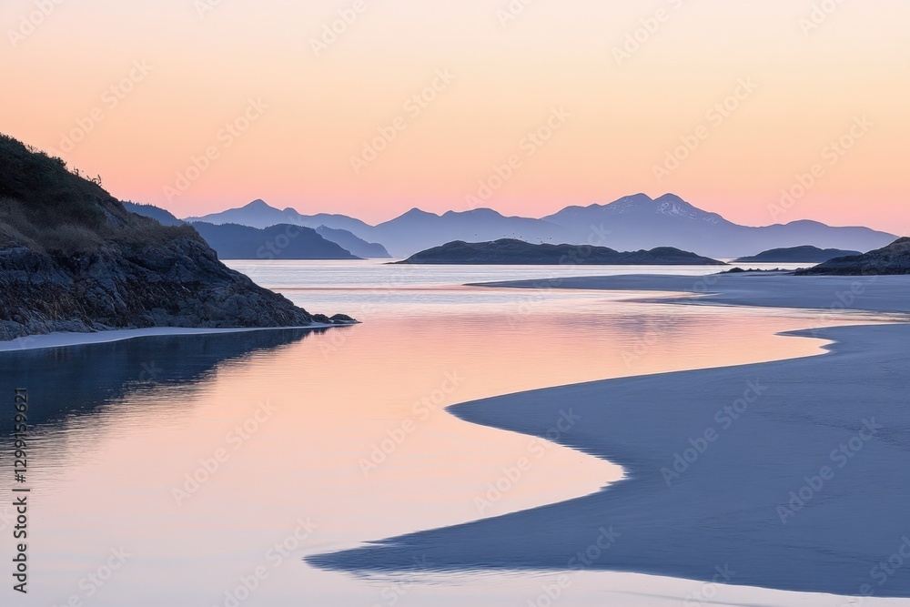 Serene sunset over tranquil bay, mountains silhouetted against pastel sky. Peaceful coastal landscape. Serene sunset over tranquil bay, mountains silhouetted against pastel sky. Peaceful coastal landscape.
