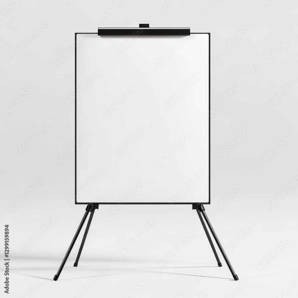 Minimalist Black Easel with White Board Ready for Presentation or Artwork Display in Studio Setting. Minimalist Black Easel with White Board Ready for Presentation or Artwork Display in Studio Setting.