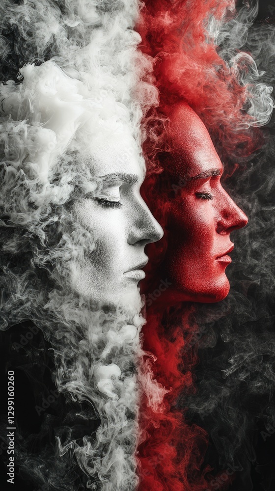 Dual faces, smoke, red, white, contrast, emotion, dark background, artistic portrait, concept art Dual faces, smoke, red, white, contrast, emotion, dark background, artistic portrait, concept art