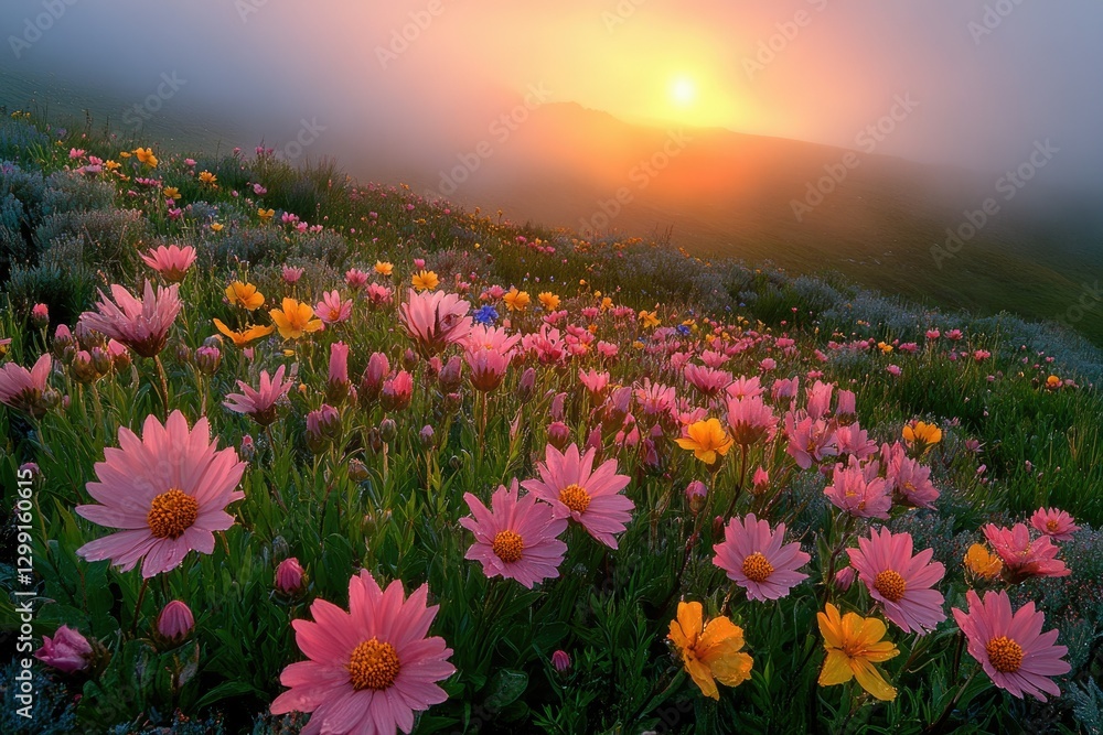 Obraz premium Vibrant wildflowers blossom in a misty meadow at sunset, creating a breathtaking landscape.