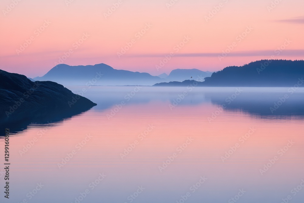 Serene landscape at dawn, misty mountains reflected in calm water, pastel hues. Serene landscape at dawn, misty mountains reflected in calm water, pastel hues.