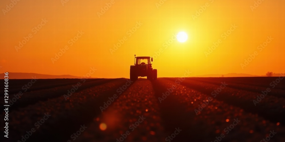Fototapeta premium Golden sunrise over a tranquil farm field, featuring a silhouetted tractor, symbolizing the essence of modern agriculture and food production.