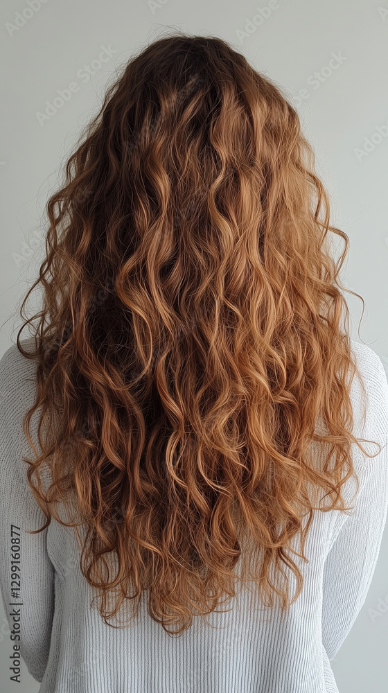 Naklejka premium Woman with long curly hair facing away from camera, showcasing natural texture in soft lighting. Generative AI