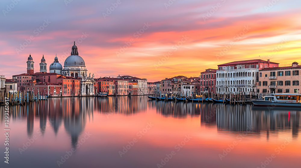 Obraz premium Vibrant Sunset Over Grand Canal Reflecting Venetian Architecture and Colorful Sky